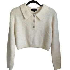 Witty Fox NWOT Cropped Fuzzy Sweater Sz M Rhinestone Buttons Cream Soft Girl
